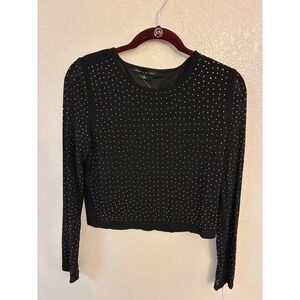 Haute Monde Womens Black Studded Long Sleeve Crop Top Silver Studs Edgy Goth L